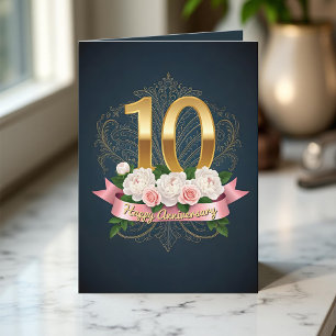 Navy Peony Roos lint 10e bruiloft Jubileum Kaart