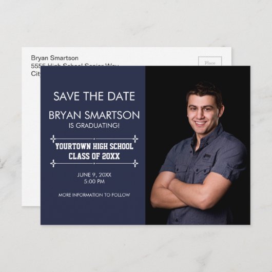 Navy Personalized Photo Afstuderen Save the Date Briefkaart (Voorkant / Achterkant)