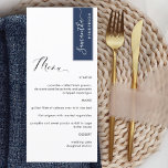 Navy personnalisée avec nom d'hôte Elegant Menu<br><div class="desc">Pourquoi passer à l'endroit cartes et cartes de menu quand vous pouvez avoir un élégant menu tout-en-un élégant personnalisé avec chaque nom d'invité! Contemporain, simple et élégant design avec belle calligraphie manuscrite moderne. Grattez sur le coin supérieur droit en bleu marine avec nom d'invité en blanc. Retour dans le même...</div>