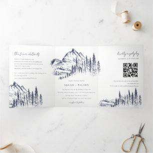 Navy Pine Bossen Mountain Sketch Wedding QR Code Drieluik Aankondiging