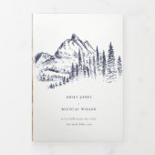 Navy Pine Bossen Mountain Sketch Wedding QR Code Drieluik Aankondiging (Cover)