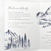 Navy Pine Bossen Mountain Sketch Wedding QR Code Drieluik Aankondiging (Binnenzijde eerst)