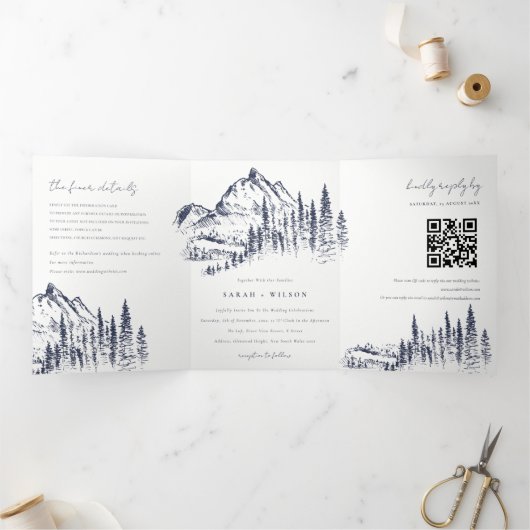 Navy Pine Bossen Mountain Sketch Wedding QR Code Drieluik Aankondiging (Binnen)