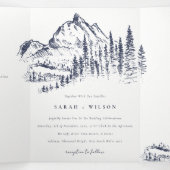 Navy Pine Bossen Mountain Sketch Wedding QR Code Drieluik Aankondiging (Binnenkant midden)