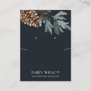 NAVY PINE CONE BRANCH KETTING EARRING DISPLAY VISITEKAARTJE