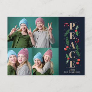 Navy Pine Holly Berries Gold Peace Multiple Photo Feestdagenkaart