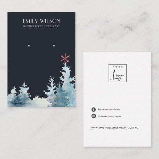NAVY PINE TREE WINTER FOREST STUD EARRING DISPLAY VISITEKAARTJE (Voorkant / Achterkant)