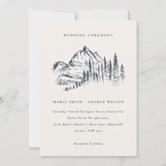Navy Pine Woods Mountain Sketch Wedding Invitation (Devant)