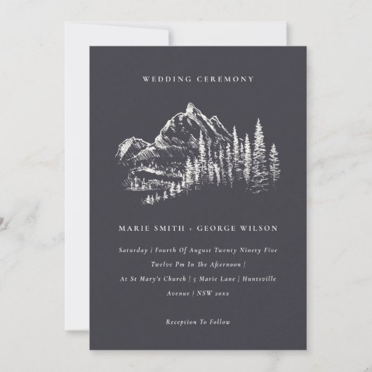 Navy Pine Woods Mountain Sketch Wedding Invitation (Devant)