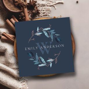 NAVY PINK BLUE FOLIAGE INITIAAL WREATH PROFESSIONA VIERKANTE VISITEKAARTJE
