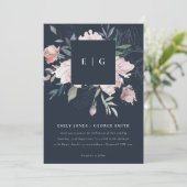 NAVY PINK BLUSH WATERVERF FLORAL WEDDING INVITE BEDANKKAART (Staand voorkant)