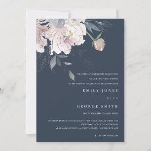 NAVY PINK BLUSH WATERVERF FLORAL WEDDING INVITE BEDANKKAART