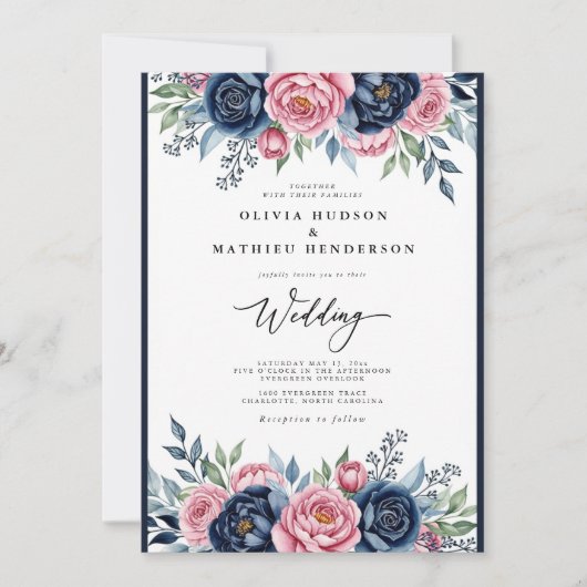 Navy Pink Botanical Bliss Wedding Kaart (Voorkant)
