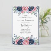 Navy Pink Botanical Bliss Wedding Kaart (Staand voorkant)