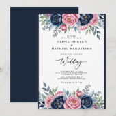 Navy Pink Botanical Bliss Wedding Kaart (Voorkant / Achterkant)