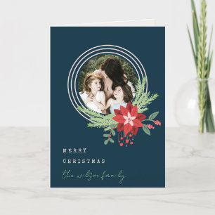 Navy Pink Circle Kerstfoto Poinsettia Floral Feestdagen Kaart