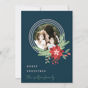 Navy Pink Circle Kerstfoto Poinsettia Floral Feestdagenkaart