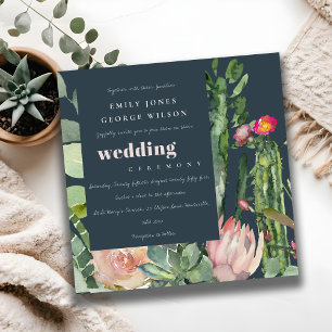 NAVY PINK FLORAL CACTI FOLIAGE WATERVERF WEDDING KAART
