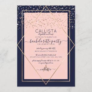 Navy Pink Gold Confetti Border Bachelorette Kaart