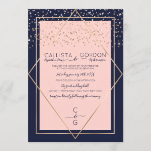 Navy Pink Gold Confetti Geo Border Wedding Kaart