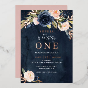 Navy Pink Rose Gold Floral meisje 1e verjaardag Folie Uitnodiging