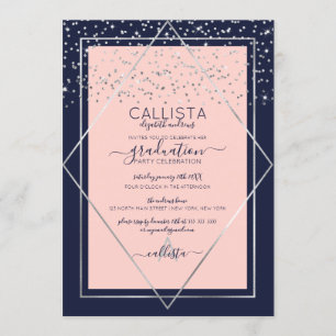 Navy Pink Silver Confetti Border Afstuderen Kaart