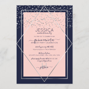 Navy Pink Silver Confetti Border Quinceañera Kaart