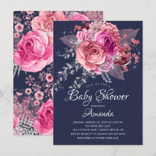 Navy Pink & Silver Floral Baby shower Kaart