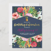 Navy & Pink Tropical Birthday Invitation Kaart (Voorkant)