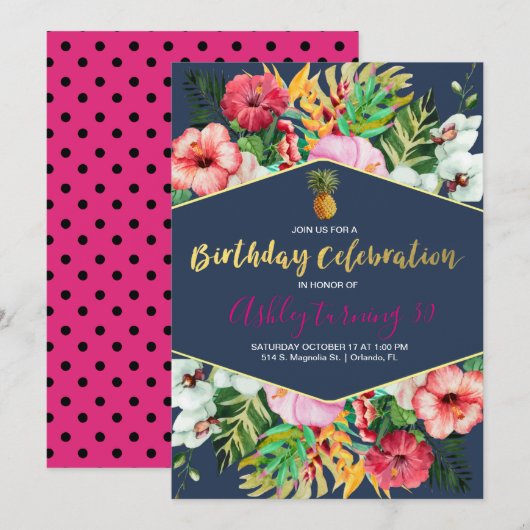 Navy & Pink Tropical Birthday Invitation Kaart (Voorkant / Achterkant)