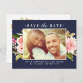 Navy Pink Waterverf Flowers Foto opslaan Datum Aankondigingskaart (Voorkant / Achterkant)