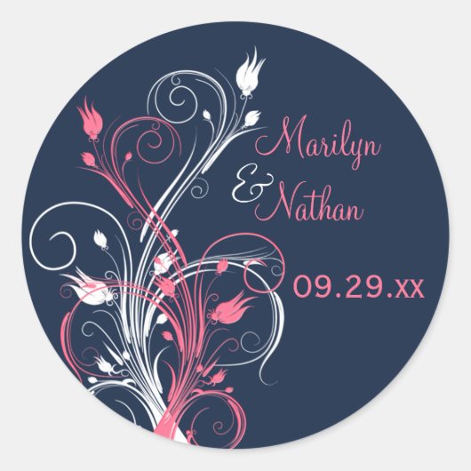 Navy Pink White Floral 1,5-inch bruiloft Sticker (Voorkant)