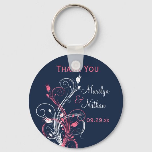 Navy Pink White Floral Wedding Favor Sleutelhanger (Voorkant)