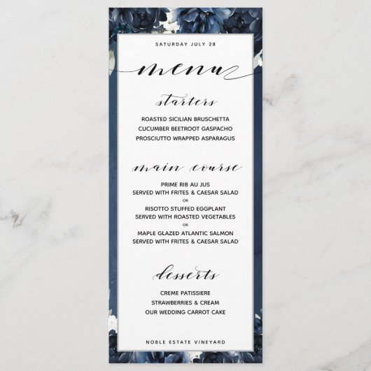 Navy Pioen Bruiloft  Diner Menu (Voorkant)