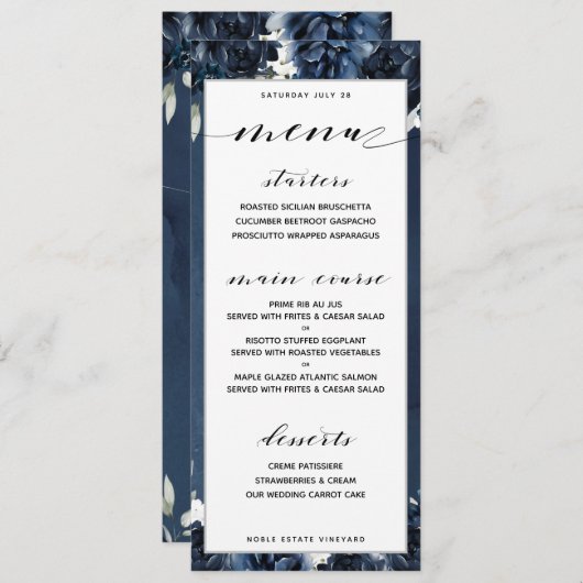 Navy Pioen Bruiloft  Diner Menu (Voorkant / Achterkant)