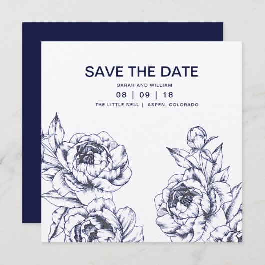 Navy Pioen Eenvoudig Bewaar de Datum Save The Date (Voorkant / Achterkant)