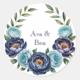 Navy pioen en turquoise Rozen Floral Wedding Ronde Sticker