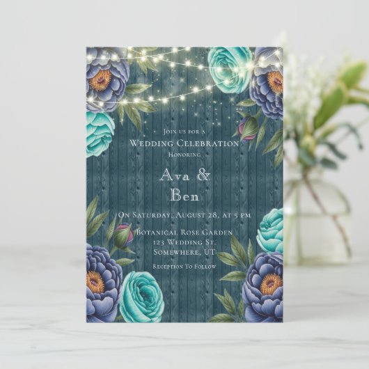 Navy pioenen & turquoise Roos bruiloft Kaart (Staand voorkant)