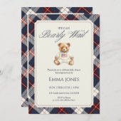 Navy Plaid Teddy Bear Baby Shower Kaart (Voorkant / Achterkant)