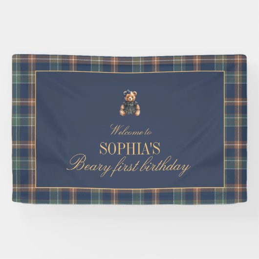 Navy Plaid Teddy Bear Girl Birthday Banner  (Horizontaal)