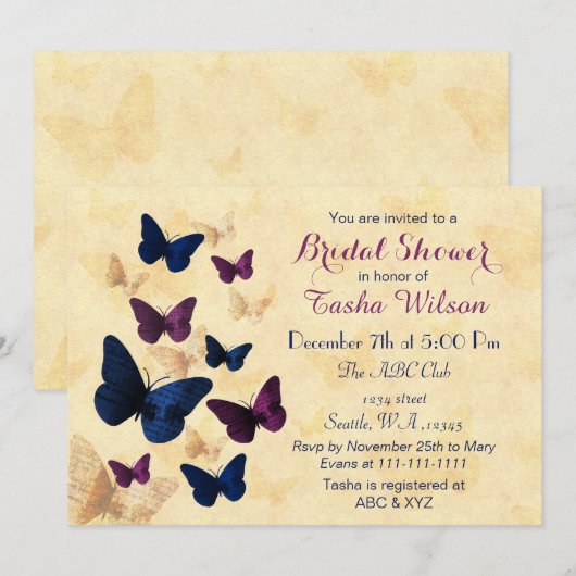 Navy Plum Butterflies Rustic brida dounodigt uit Kaart (Voorkant / Achterkant)