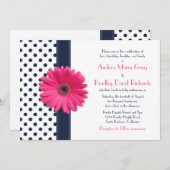 Navy Polka Dot Pink Daisy Wedding Uitnodiging (Voorkant / Achterkant)