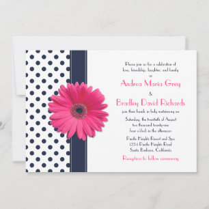 Navy Polka Dot Pink Daisy Wedding Uitnodiging