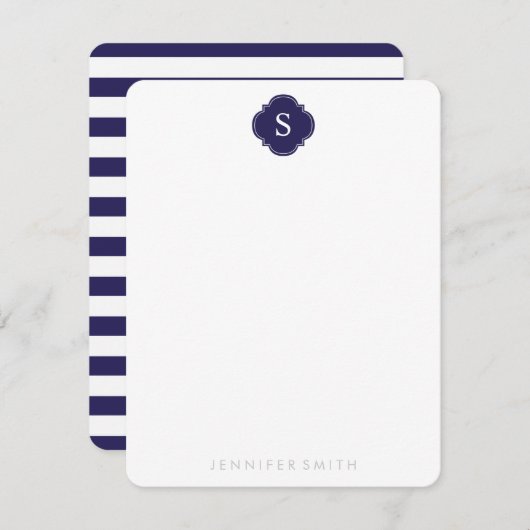 Navy Quatrefoil Monogram en Stripes Note Cards Kaart (Voorkant / Achterkant)