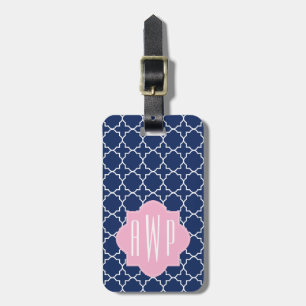Navy Quatrefoil & Roze Monogram Bagagelabel
