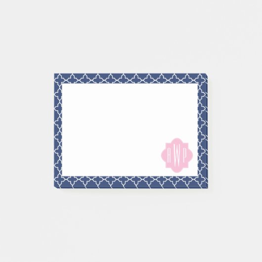 Navy Quatrefoil & Roze Monogram Post-it® Notes (Voorkant)