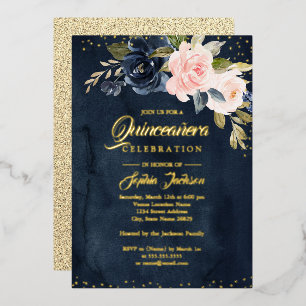 NAVY REAL GOLD FOIL Blush Pink Floral Quinceanera Folie Uitnodiging