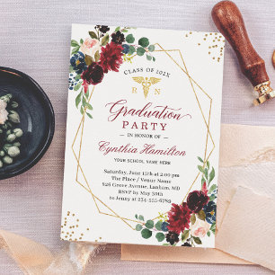 Navy Red Floral Gold Medical Symbol Afstuderen Kaart