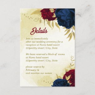 Navy Red Flowers Gouden bladeren Informatiekaartje