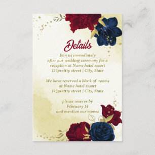 Navy Red Flowers Gouden bladeren Informatiekaartje